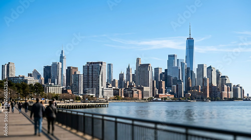 New York City Skyline Panorama with One World Trade Center and Hudson River Waterfront Promenade