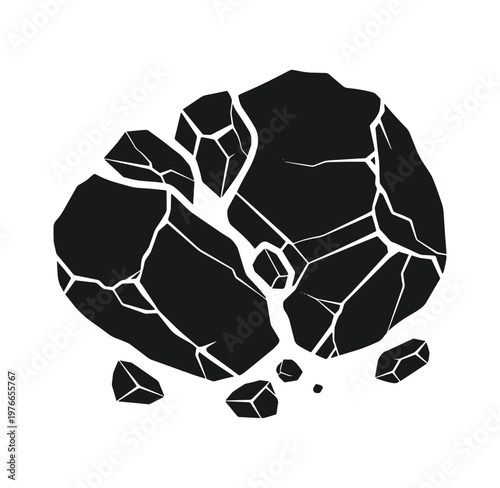 black cracked broken glass fragments on white background