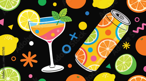 Vibrant Retro 90s Style Pop Art Seltzer Cocktail and Citrus Fruits Pattern