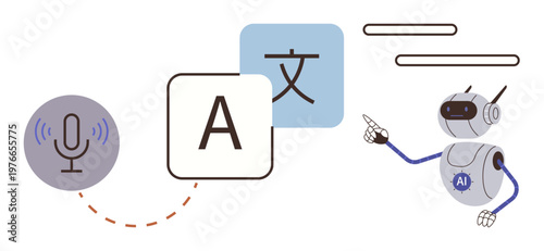 Language learning, AI translation, communication, voice recognition, multilingual tools, digital innovation. Robot interacting with language symbols and audio waves. AI translation and multilingual