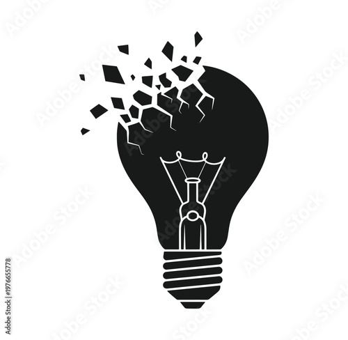 Black light bulb with cracked glass exploding  broken idea concept
