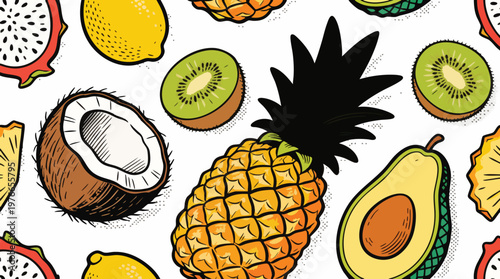 Vibrant Tropical Fruit Seamless Pattern in Pop Art Doodle Style Vector Illustration