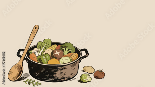 Vintage Style Vegetable Pot Illustration with Wooden Spoon and Fresh Produce