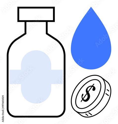 Healthcare costs, clean water access, medical funding, public health, pharmaceutical industry, charity. Medicine bottle, blue water droplet and coin. Healthcare costs and clean water access concept