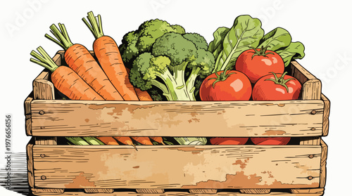 Vintage Vector Illustration of a Wooden Crate Filled with Fresh Garden Vegetables