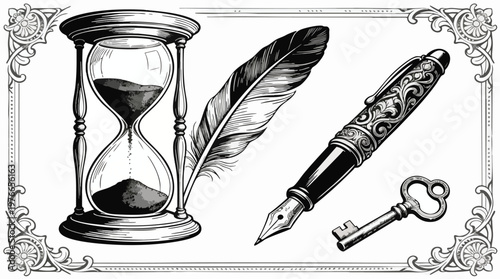 Vintage Vintage Hourglass with Ornate Fountain Pen, Quill, and Antique Key Illustration