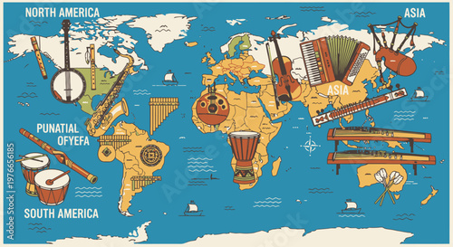 Musical Instruments World Map Global Music Culture Illustration