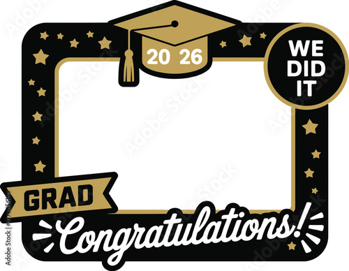 Graduation photo booth props frame, colorful illustration of party props and decorations designed for graduation celebration and festive photo sessions.