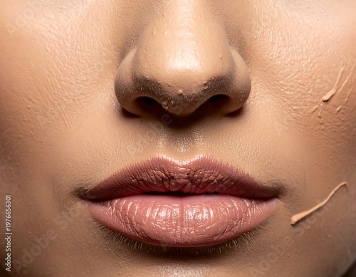 Close-up of a face, showcasing lips and skin with makeup applied