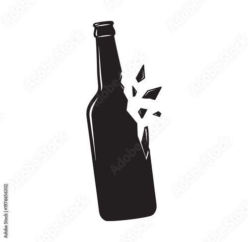 Broken beer bottle with shards  damaged glass bottle silhouette