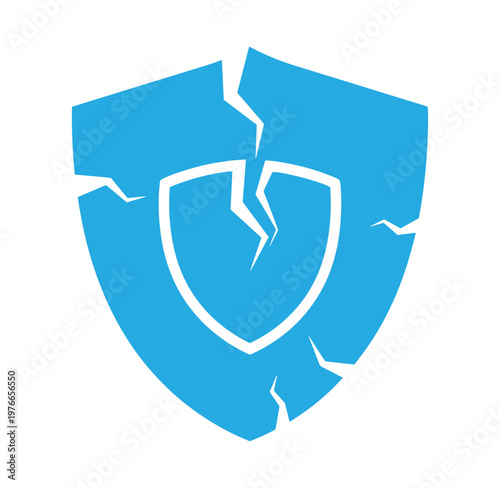 Cracked blue shield icon broken protection symbol isolated on white background