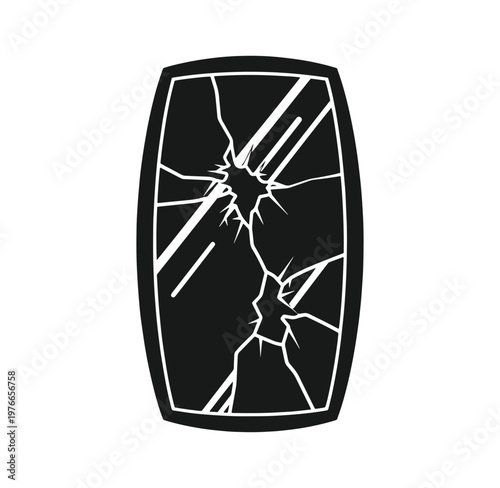 Cracked glass window pane with white outline on plain background