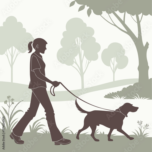 Vector woman walking dog, silhouette illustration, outdoor recreation, pet owner