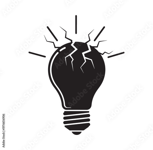 Cracked light bulb icon with broken glass and rays on white background
