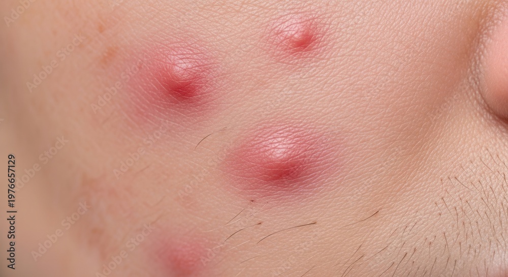 Fototapeta premium Extreme macro close-up of inflamed red pimples and skin texture, showing pores, small hairs, and bumps in high detail for medical use.