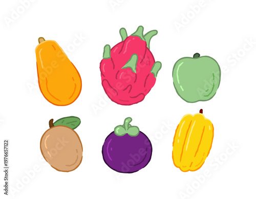 A collection of tropical fruit illustrations. Papaya, dragon fruit, mangosteen, starfruit, green apple, and sapodilla. Cartoon, flat, outline style. Symbol, element, clip art, sticker. White