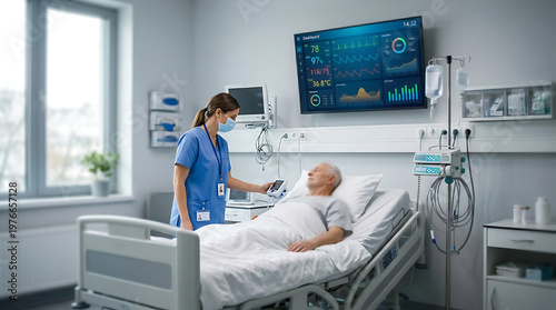 Nurse monitoring elderly patient in hospital bed with vital signs display