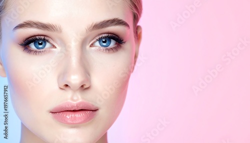 Close-up of a fair-skinned woman with bright blue eyes, soft makeup