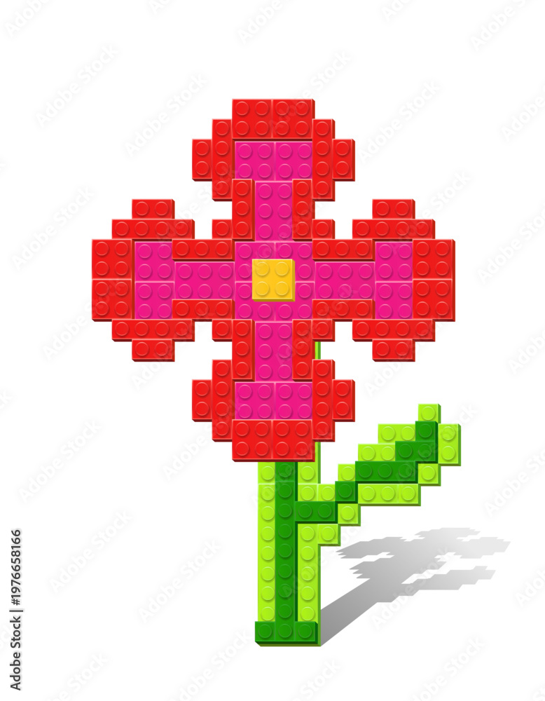 Naklejka premium Red and pink flower with green stem made with plastik constructor parts isolated on transparent background. Play and build concept. Vector PNG