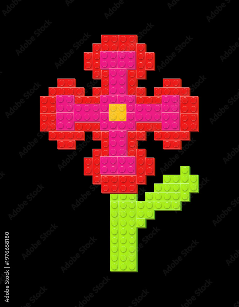 Fototapeta premium Red and pink flower with green stem made with plastik constructor parts isolated on black background. Play and build concept. Vector illustration