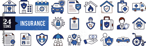 Insurance Icon Set – Protection, Policy, Risk Management and Financial Security Vector Collection