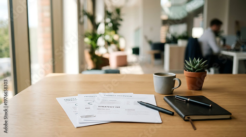 Office workspace with notes, coffee, and notebook on wooden table