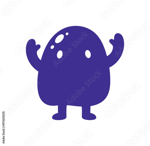 a purple cartoon character with raised arms and spots on head in a gesture of surprise or excitement