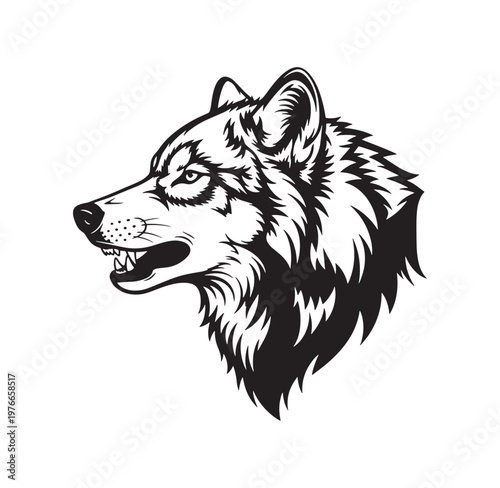 Black and white illustration of a wolf head with open mouth and sharp teeth