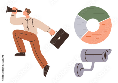 Business growth, security monitoring, data analysis, entrepreneurship, vision planning, strategy. A man with telescope and briefcase, a pie chart and a camera. Business growth and security
