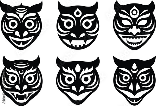 Set of Minimalist black traditional mangal shobhajatra mask silhouette vector icon