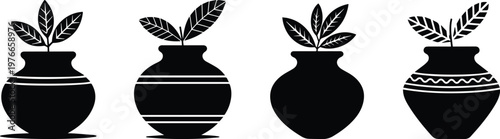 Set of Minimalist black clay pot kolshi with mango leaves silhouette vector icon