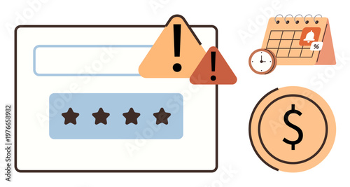Finance management, upcoming deadlines, rating systems, monetary calculation, urgency, notification. Warning symbols with currency and calendar icons. Finance management and deadlines concept