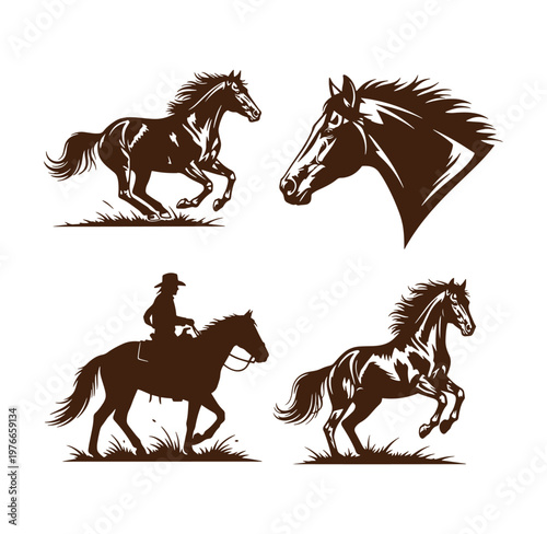 Brown horse silhouettes with cowboy rider and running horses on white background