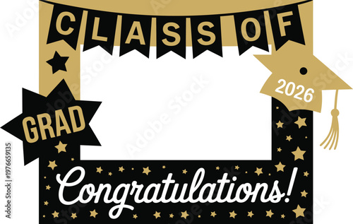 Graduation photo booth props frame, playful party illustration with cutout frame, hats, glasses, and festive decorations for graduation celebration photography.