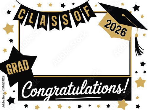 Graduation photo booth props frame, colorful party accessory illustration featuring fun hats, glasses, and celebratory elements for graduation event photos and social media use.