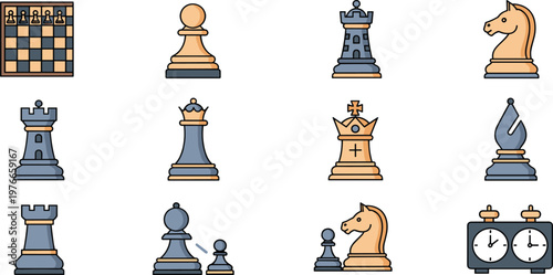 Set of Chess Icons Featuring Chess Pieces, Board, and Timers for Strategy, Games, and Sports Design Projects
