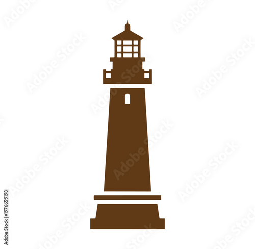 Brown lighthouse icon with tower and lantern room on white background