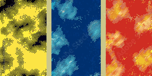 Schilderij op canvas Abstract triptych featuring bold colors and halftone patterns