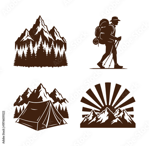 Camping and hiking icons including mountains trees tent and hiker with backpack and trekking poles
