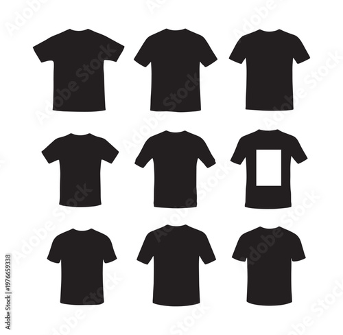 Collection of black tshirts in various orientations on white background
