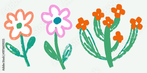 Child s drawing of colorful flowers with simple shapes and green stems