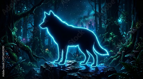 Wallpaper Mural Glowing Blue Wolf in Enchanted Forest Torontodigital.ca