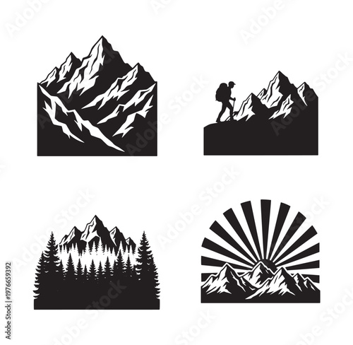 Collection of mountain landscape silhouettes with trees and hiker  scenic outdoor nature graphics