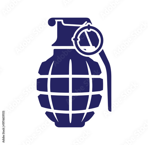 Dark blue hand grenade with pin and safety lever on white background