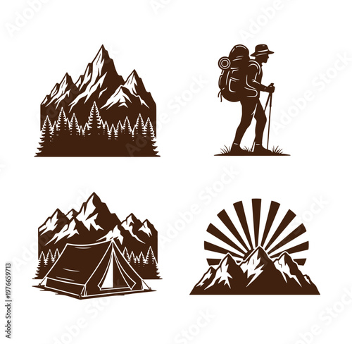 four brown monochrome outdoor recreation icons with mountains and trees and a camper and tent