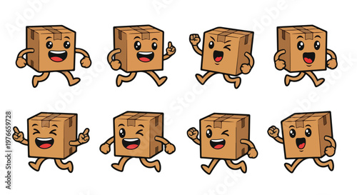Set of 8 Happy Brown Cardboard Box Characters Running Illustration