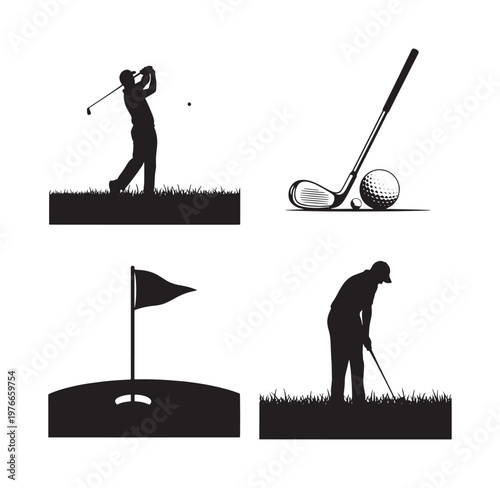 golf silhouettes of players and objects on white background for design