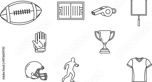 Set of American Football Icons Featuring Football, Helmet, Whistle, Field, and Trophy for Sports and Football Design Projects