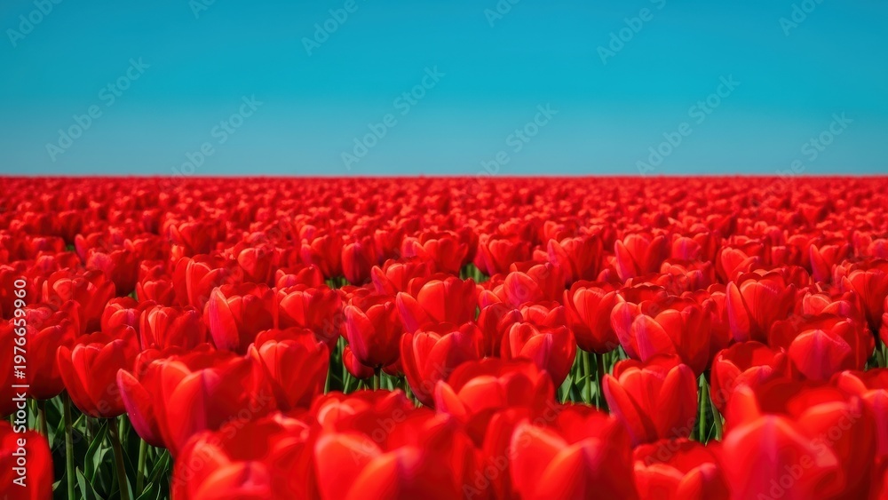 Obraz premium Endless field of red tulips under blue sky