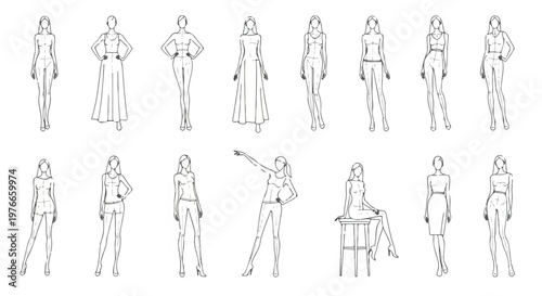 Set of 18 Fashion Croquis Women Line Drawings Vector